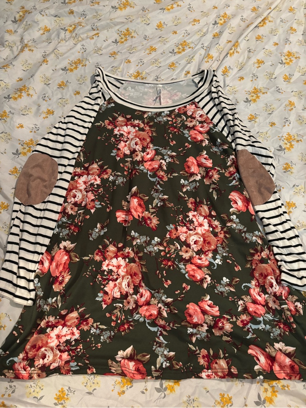 Magic Fit Olive Floral Raglan Top with Black-White Striped Sleeves